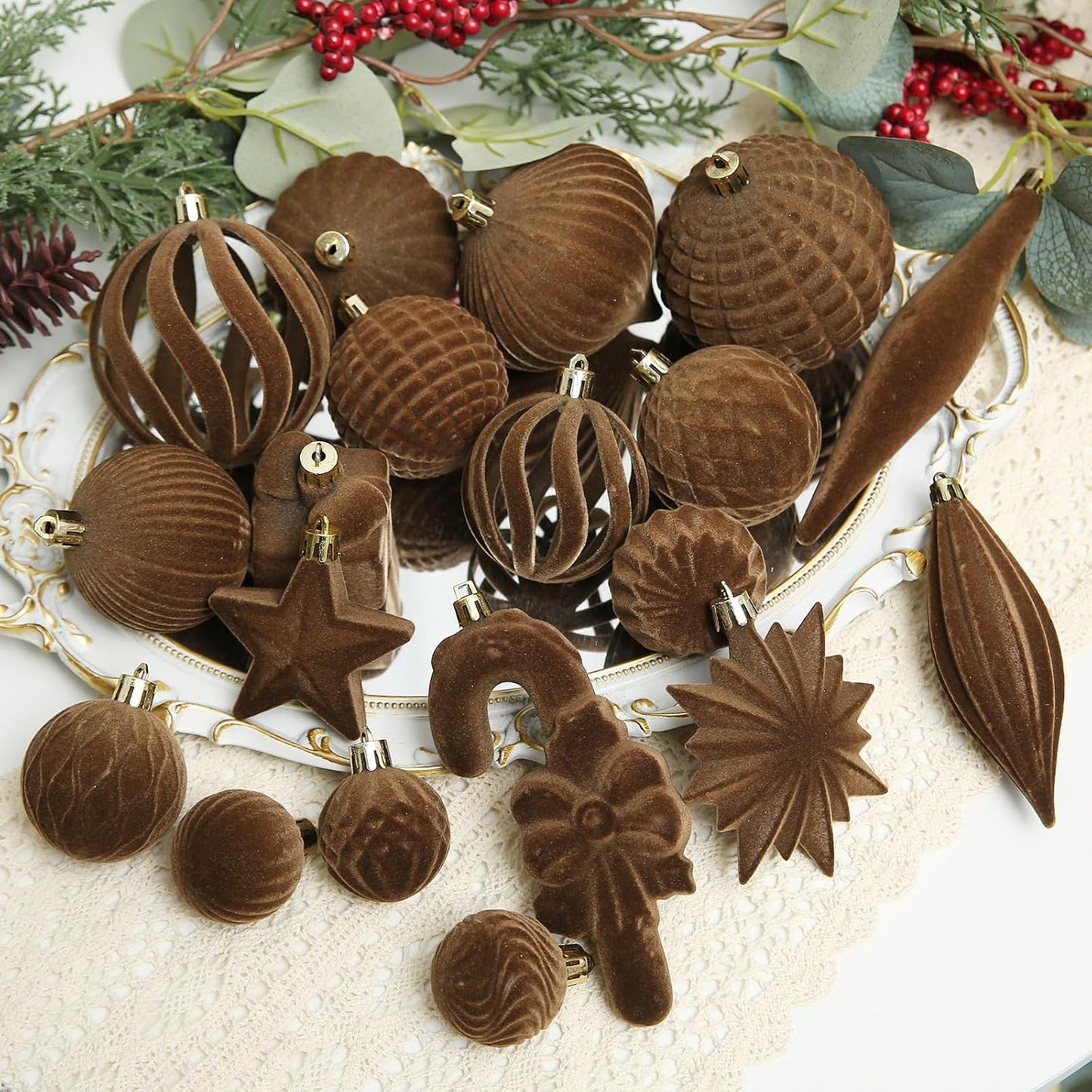 Regine Switzerland 50 Pcs Brown Velvet Christmas Balls - Flocked Hanging Ornaments for Holiday Decor