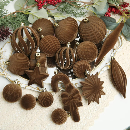 Regine Switzerland 50 Pcs Brown Velvet Christmas Balls - Flocked Hanging Ornaments for Holiday Decor