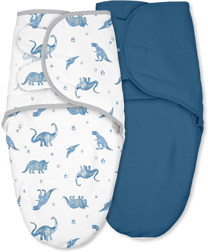 Skiennix Baby Swaddles - Organic Cotton Soft & Snug Velcro Sleep Sack for Newborns | 0-3 Months, 2-Pack Blue Dinosaur