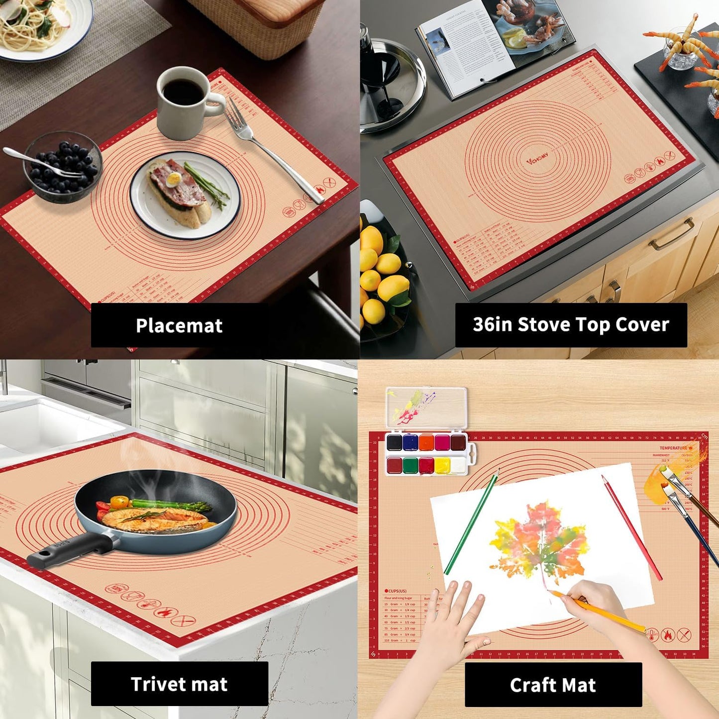 Skiennix Extra Large Silicone Pastry Mat - Non-Slip Baking Surface with Measurements | 36x24 Inch, Red