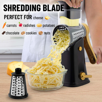 Zulay Kitchen Rotary Cheese Grater 5 Blade Cheese Shredder - Manual Hand Crank Cheese Grater With Reinforced Suction & 5 Interchangeable Drums - Easy to Use, Vegetable Chopper Round Mandoline Slicer