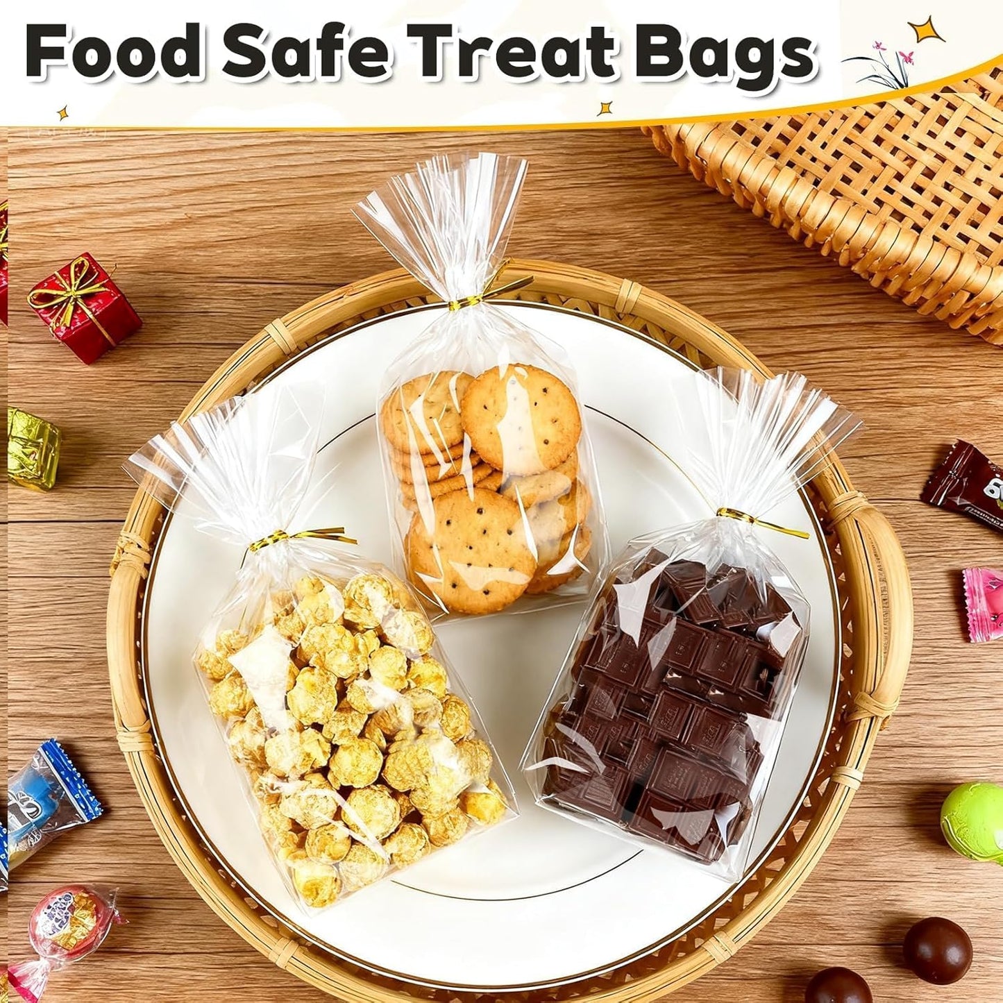 PigPotParty Cellophane Treat Bags 6x9 Inch, 50 Pack Clear Goodie Bags with Bottom Gusset for Stand-Up Display, Small Plastic Gift Wrap for Cookies, Candy, Party Favors, Popcorn, Includes 50 Gold Ties