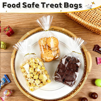 PigPotParty Cellophane Treat Bags 6x9 Inch, 50 Pack Clear Goodie Bags with Bottom Gusset for Stand-Up Display, Small Plastic Gift Wrap for Cookies, Candy, Party Favors, Popcorn, Includes 50 Gold Ties