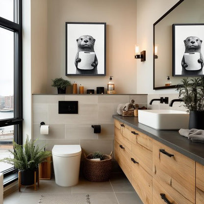 IAFWZX Funny Bathroom Wall Art - Black and White Otter Holding Toilet Paper | Cute Canvas Print 16"x24"