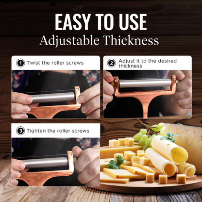 Zulay Cheese Slicer With Adjustable Thickness - Wire Cheese Slicer For Mozzarella Cheese, Cheddar Cheese, Gouda Cheese - Cheese Slicers For Block Cheese Heavy Duty With 2 Extra Wires (Rose Gold)