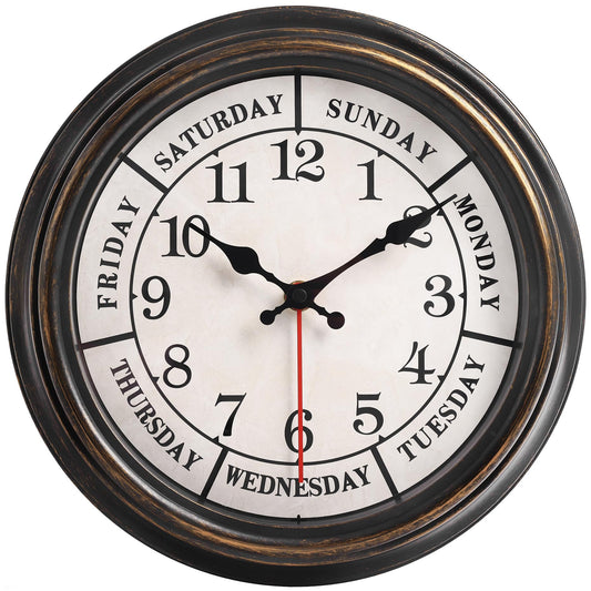 zyzamay 12 Inch Retro Wall Clock,Classic Day of The Week Wall Clock,Easy to Read,Non-Ticking Round Classic(Black Gold)