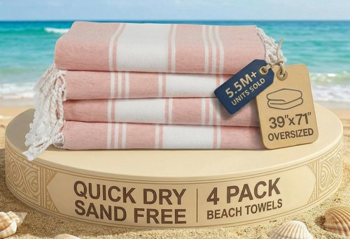 LANE LINEN Beach Towels 4 Pack - Beach Towels Oversized, Pre-Washed Extra Large Beach Towel, Quick Dry, No Sand Beach Towel, Pool Towels for Adults, 39"x71" - Quartz Pink