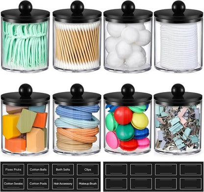 Clear & Black Acrylic Qtip Holder Dispenser | 8 Pack Cotton Swab Storage Canister Set - Bathroom Essentials
