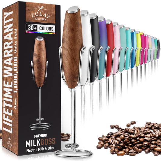 PRO MILK FROTHER WAND - ULTRA HIGH SPEED HANDHELD FROTHER - UPGRADED STAND - Powerful Handheld Mixer with Infinite Uses - Super Instant Electric Foam Maker with Stainless Steel Whisk (Walnut)