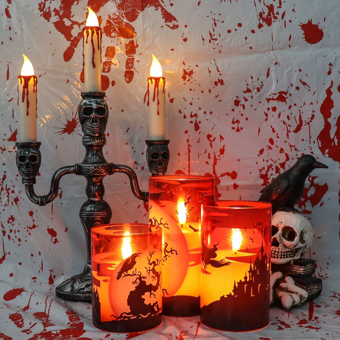 Eldnacele Halloween Flickering Candles with Witch, Crow Raven, Castle Decals, Red Glass Battery Operated Flameless LED Candles with Remote, Real Wax Candle Set of 3 Halloween Decorations