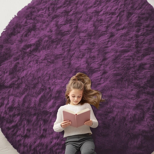 OLANLY Dark Purple Round Rugs for Bedroom - Machine Washable, 9 ft Circle Area Rugs for Living Room, Soft and Fluffy Shaggy Carpet for Teen Girl and Boys, Nursery Rooms, Dorms, Home Decor Aesthetic