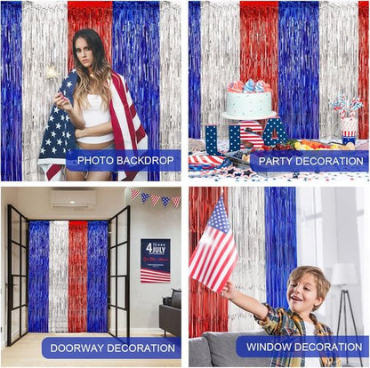 LOLStar 4th of July Decorations - 3-Pack Red, White & Blue Streamers | Patriotic Foil Fringe Curtains & Props