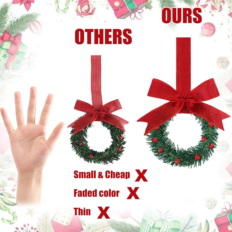 Sggvecsy 8'' Christmas Mini Cabinet Wreath with Red Burlap Bow, 12 Pcs – Red Berry Artificial Wreath for Kitchen Cabinet, Window & Door (Variation: Red)
