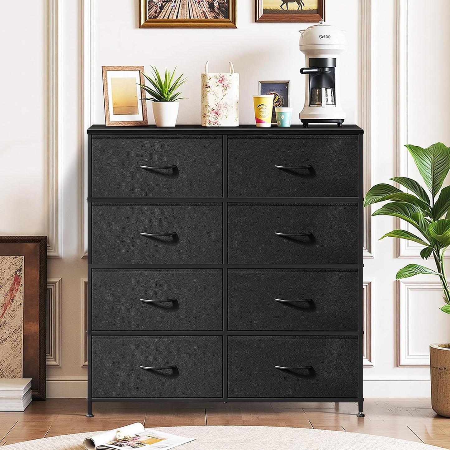 Regine Switzerland 8-Drawer Dresser - Anti-Tip Storage Organizer with Wooden Top & Metal Frame | Black