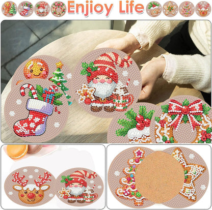Skiennix Christmas Diamond Painting Coasters - 8 Gingerbread Snowman Art Kits with Holder | DIY 4x4 Inch