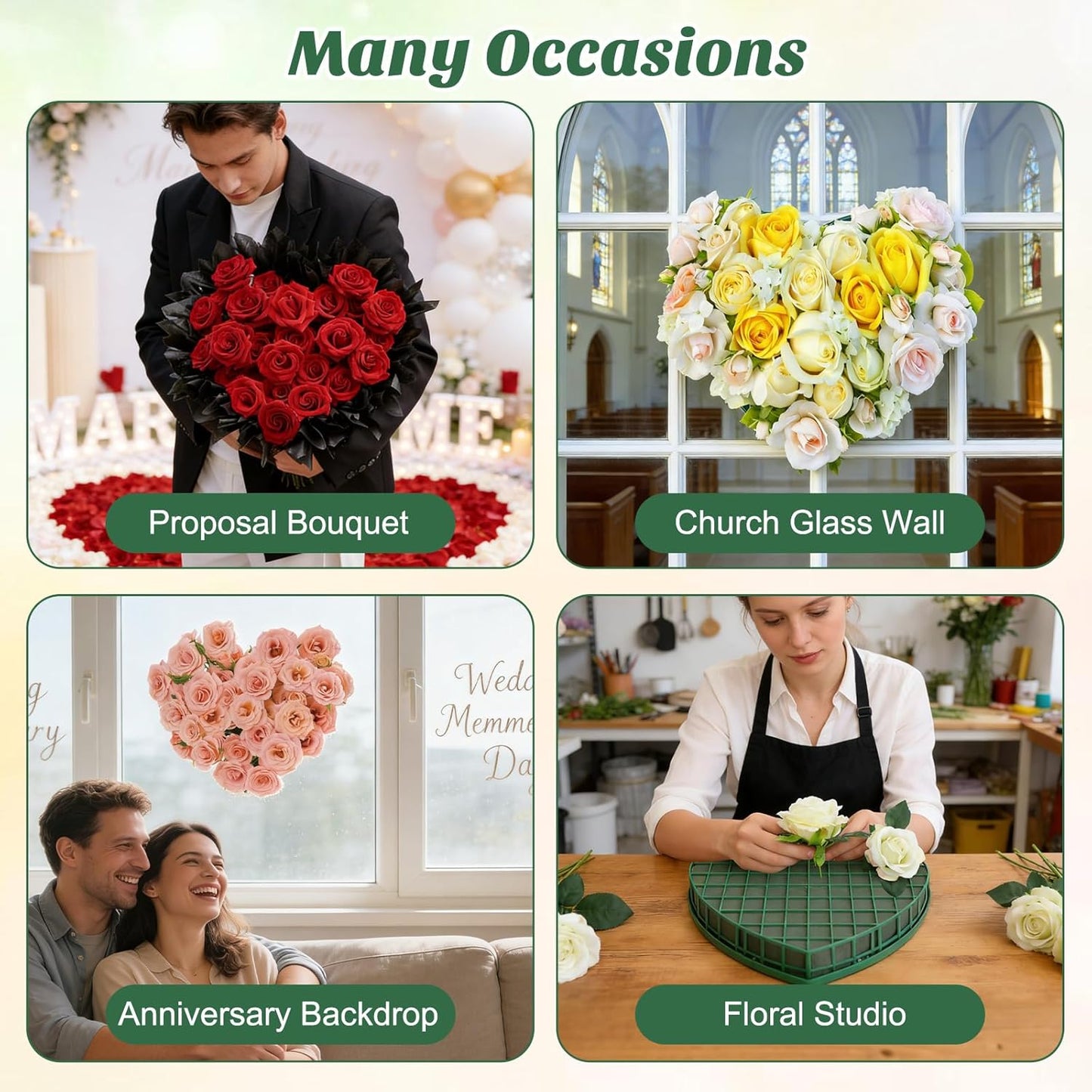 STOBOK Floral Foam Hearts - Heart-Shaped Floral Foam Cage with 5 Suction Cups for Weddings | Green, 12.2 x 11.4 in