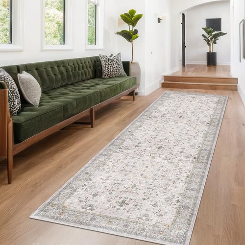 Hazo Haus Boho 3x16 Wide Hallway Runner - Light Gray and Taupe, Washable Low Pile Non Slip Stain Resistant 16ft Runner Rug for Long Kitchen, Hall Way, Floral Decor