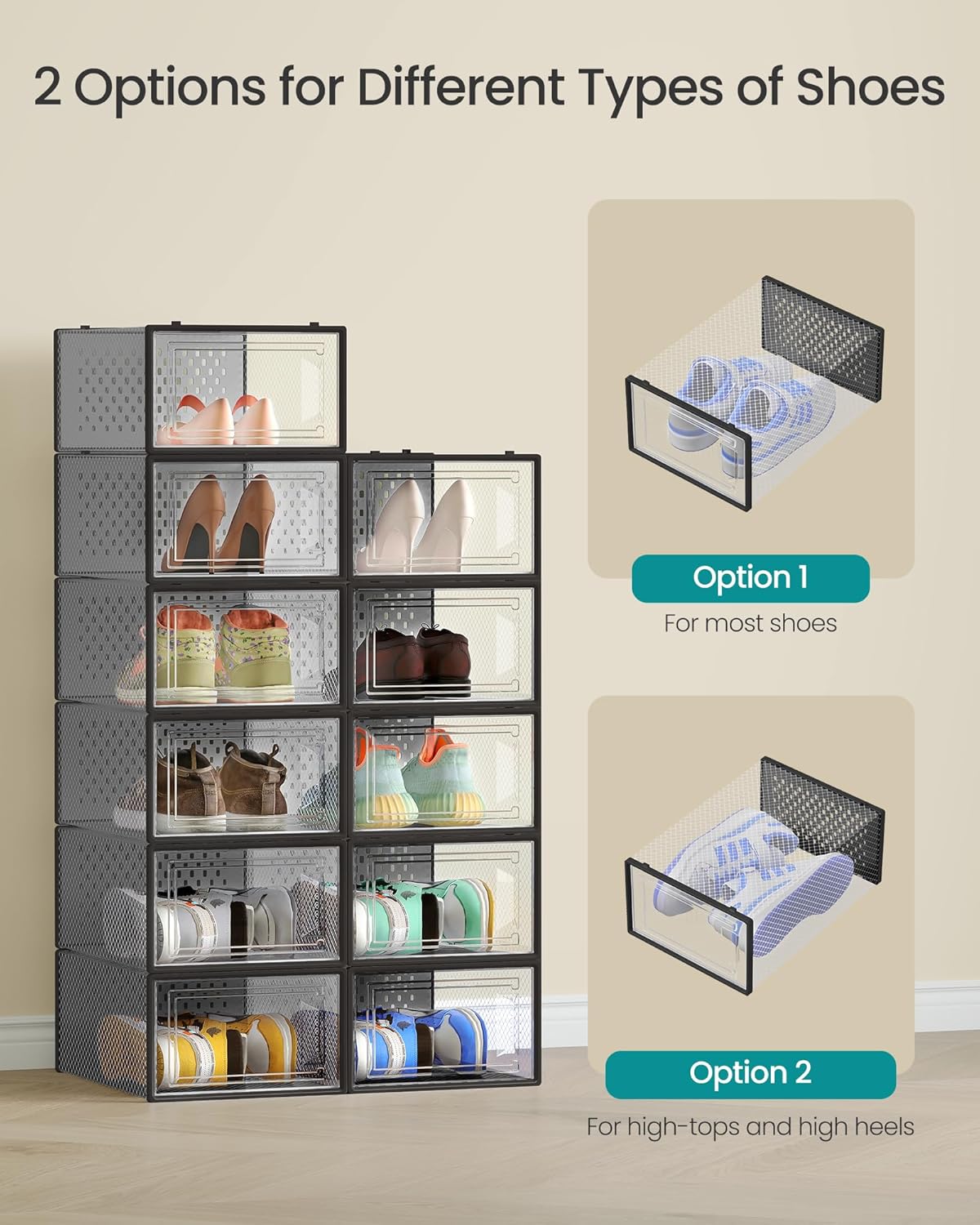 SONGMICS Shoe Boxes - Pack of 12 Stackable Clear Plastic Organizers for Sneakers | 13.1 x 9.1 x 5.6 Inches