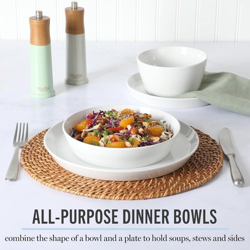 Martha Stewart Selma Dinnerware Set - Chip & Scratch Resistant, 16-Piece Service for 4 | Durable White Plates & Bowls
