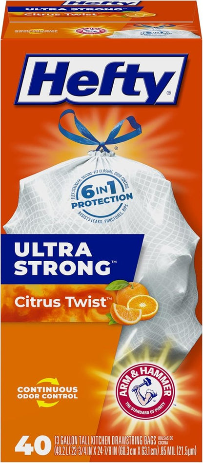 Hefty Ultra Strong Kitchen Trash Bags - Citrus Twist Scent, 13 Gallon, 40 Count