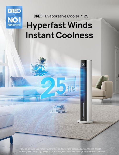 DREO Evaporative Air Cooler - 43" Oscillating Fan with APP Control & Ice Packs | 4 Speeds, 12H Timer, White