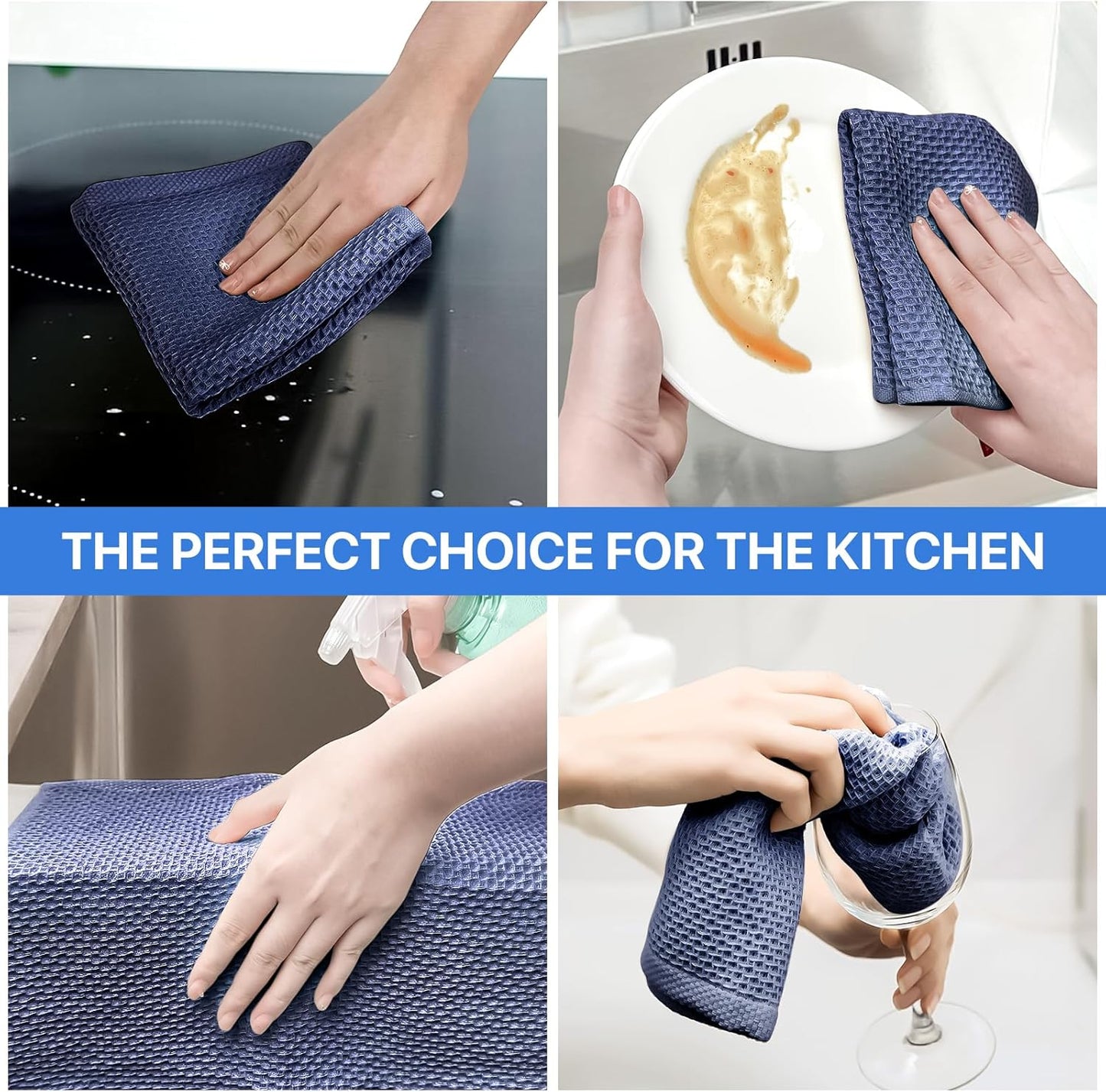 Skiennix 100% Cotton Waffle Weave Kitchen Towels - Ultra Soft & Absorbent 6 Pack | Quick Drying, Dark Blue, 12x12 Inches