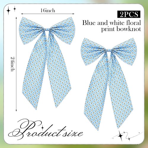 HunnmingRe Christmas Wreath Sash - 24 x 16 Inch Blue & Green Block Print Bow for Indoor/Outdoor Decor