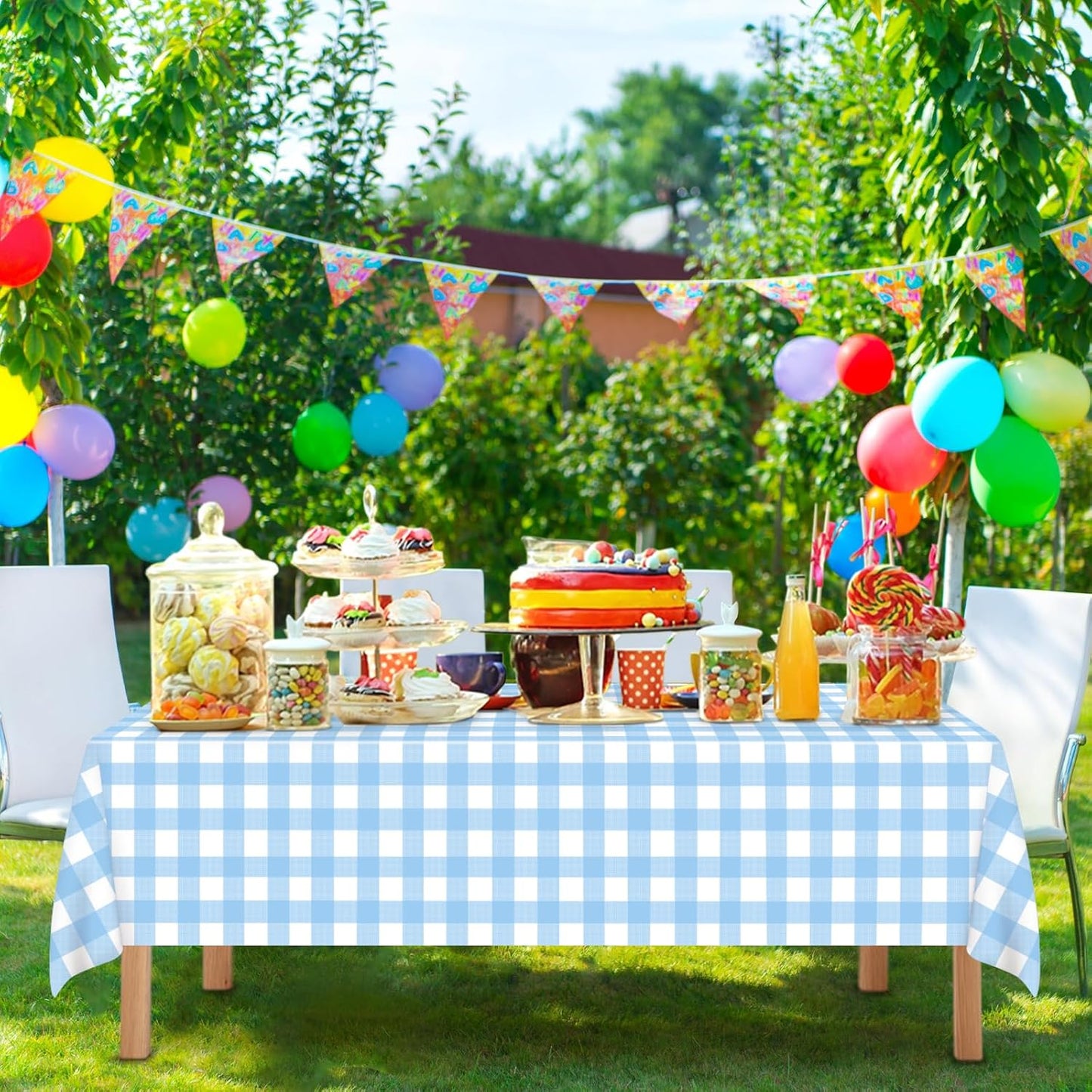 Skiennix Light Blue Checkered Tablecloth - Waterproof Disposable Plastic Cover | 54" x 108" for Picnics & Parties