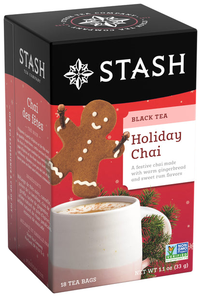 Stash Tea Holiday Chai Tea 18 Count Tea Bags (Pack of 6), Individual Spiced Black Tea Bags for Use in Teapots Mugs or Cups, Brew Hot Tea or Iced Tea