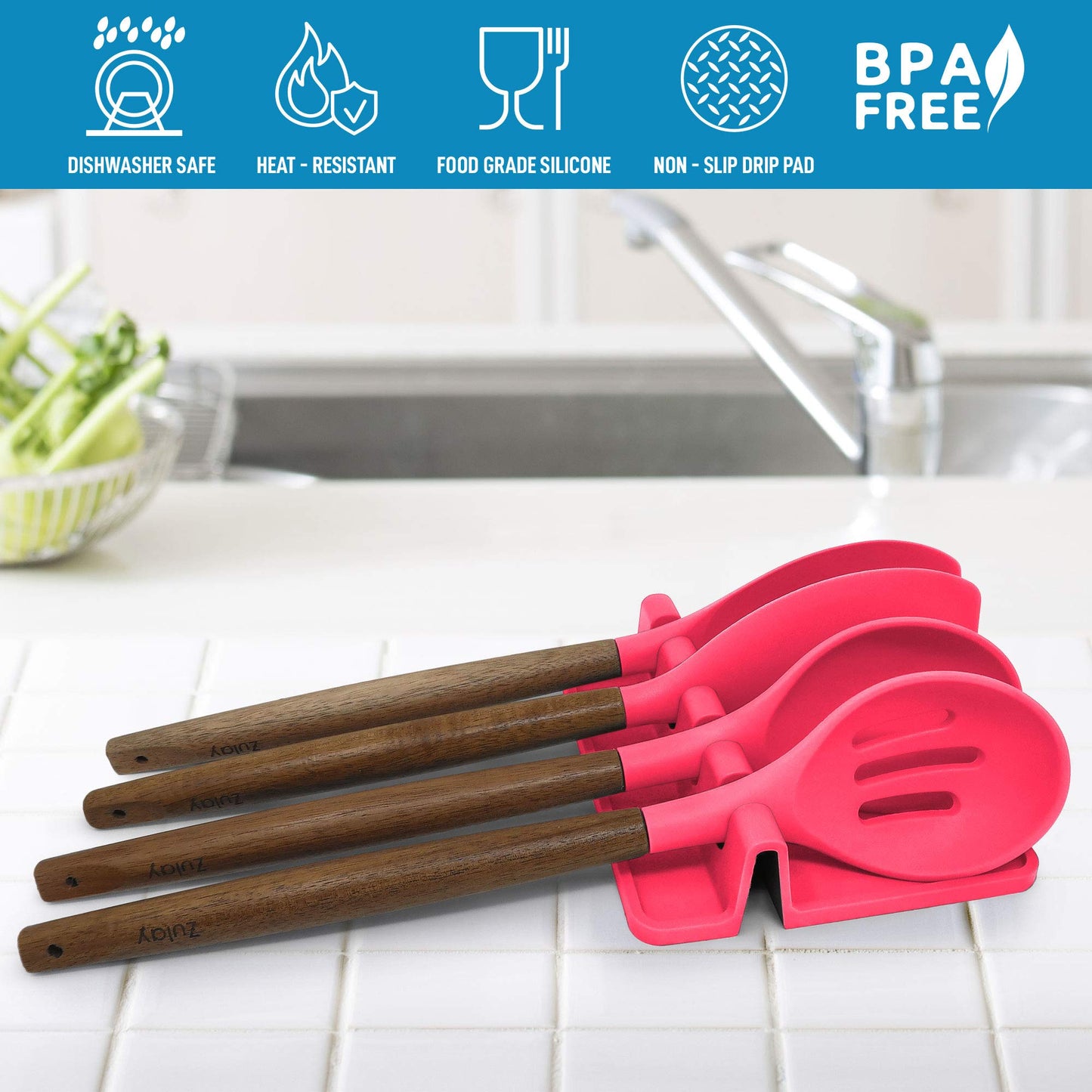 Zulay Kitchen Silicone Utensil Rest with Drip Pad for Multiple Utensils - BPA-Free, Heat-Resistant Spoon Rest & Spoon Holder for Stove Top - Kitchen Utensil Holder for Ladles & Tongs - Honeysuckle