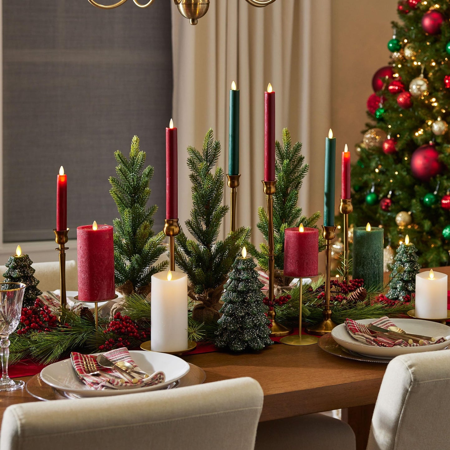 Luminara Christmas Tree Flameless LED Candle, Dark Green 4.7" x 6.5", Moving Flame Battery Operated Timer, Holiday Decor, Glitter Snow Finish Safe