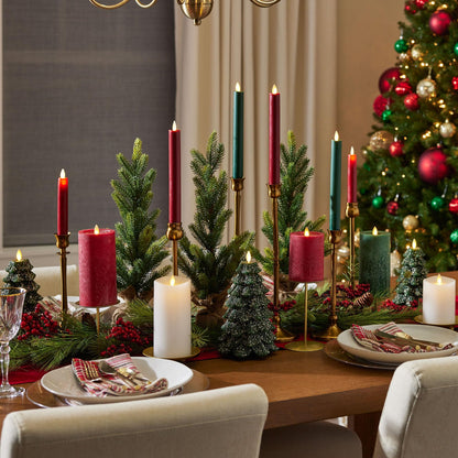 Luminara Christmas Tree Flameless LED Candle, Dark Green 4.7" x 6.5", Moving Flame Battery Operated Timer, Holiday Decor, Glitter Snow Finish Safe