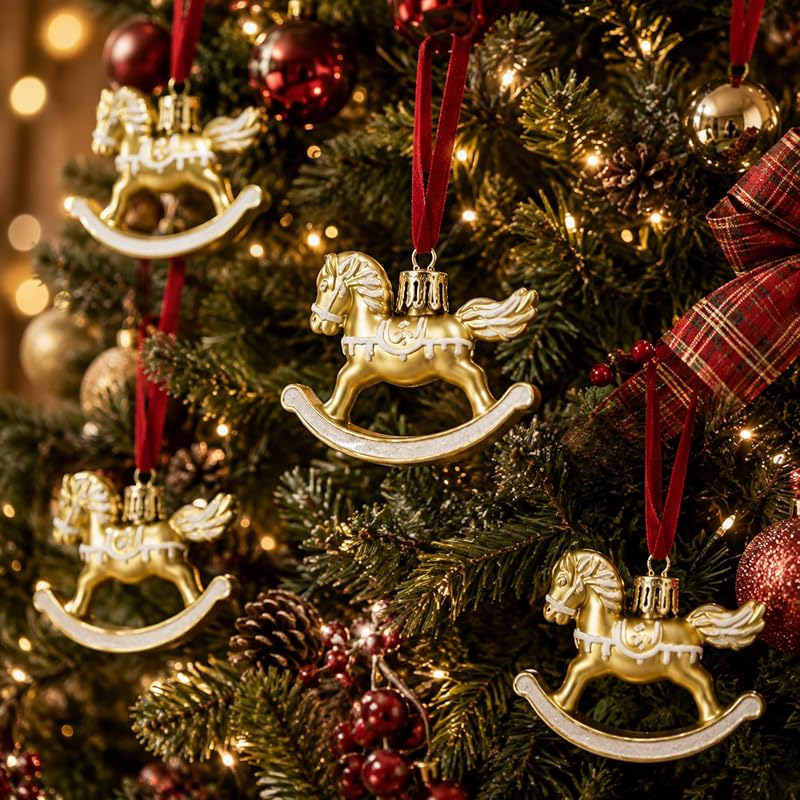 12 Pcs Christmas Rocking Horse Ornaments with Ribbon