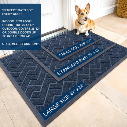 OLANLY Waterproof Front Door Mat - All-Season Herringbone Design, Easy Clean, Natural Rubber | Blue, 71x47