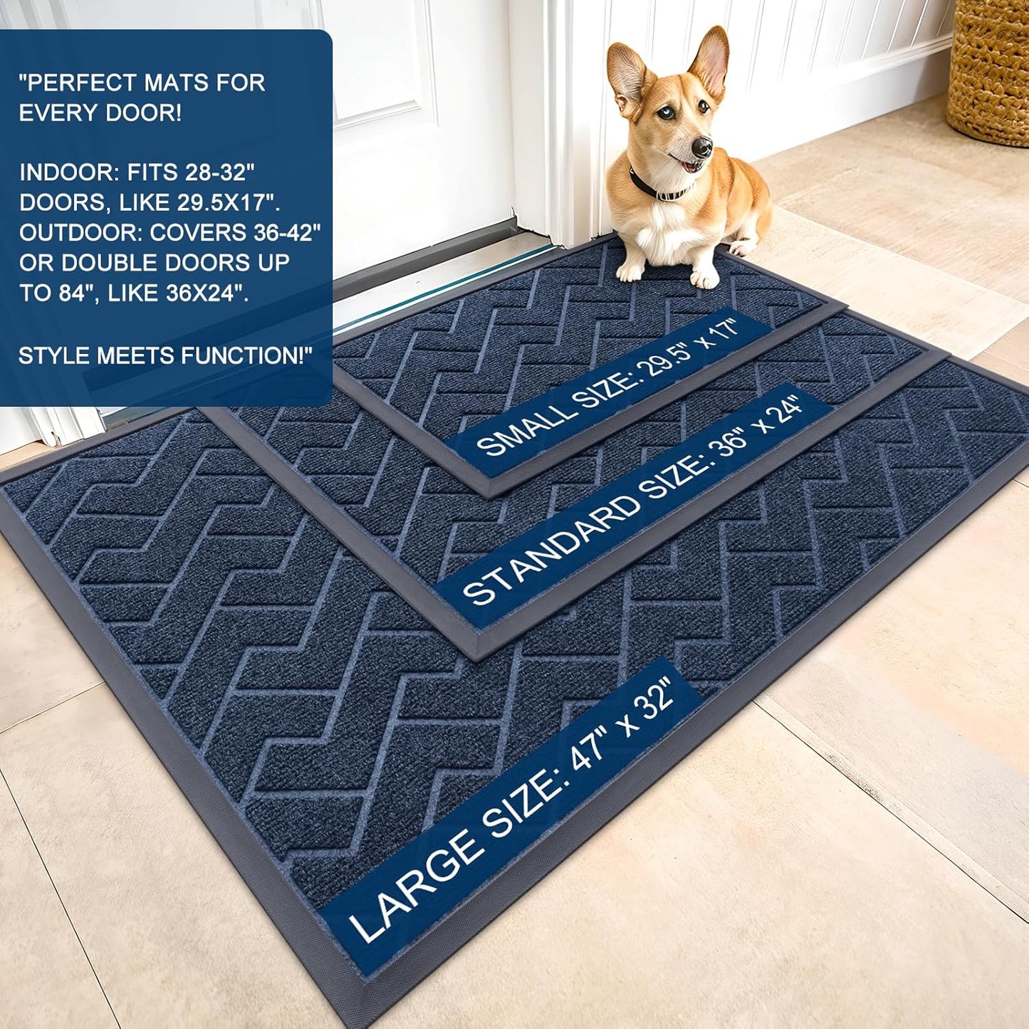 OLANLY Waterproof Front Door Mat - All-Weather Herringbone Design | Easy Clean, Low Profile, Blue (29.5x17)