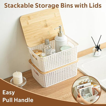 8 Pack Plastic Storage Bins by [Brand Name] - Stackable Baskets with Bamboo Lids for Pantry Organization