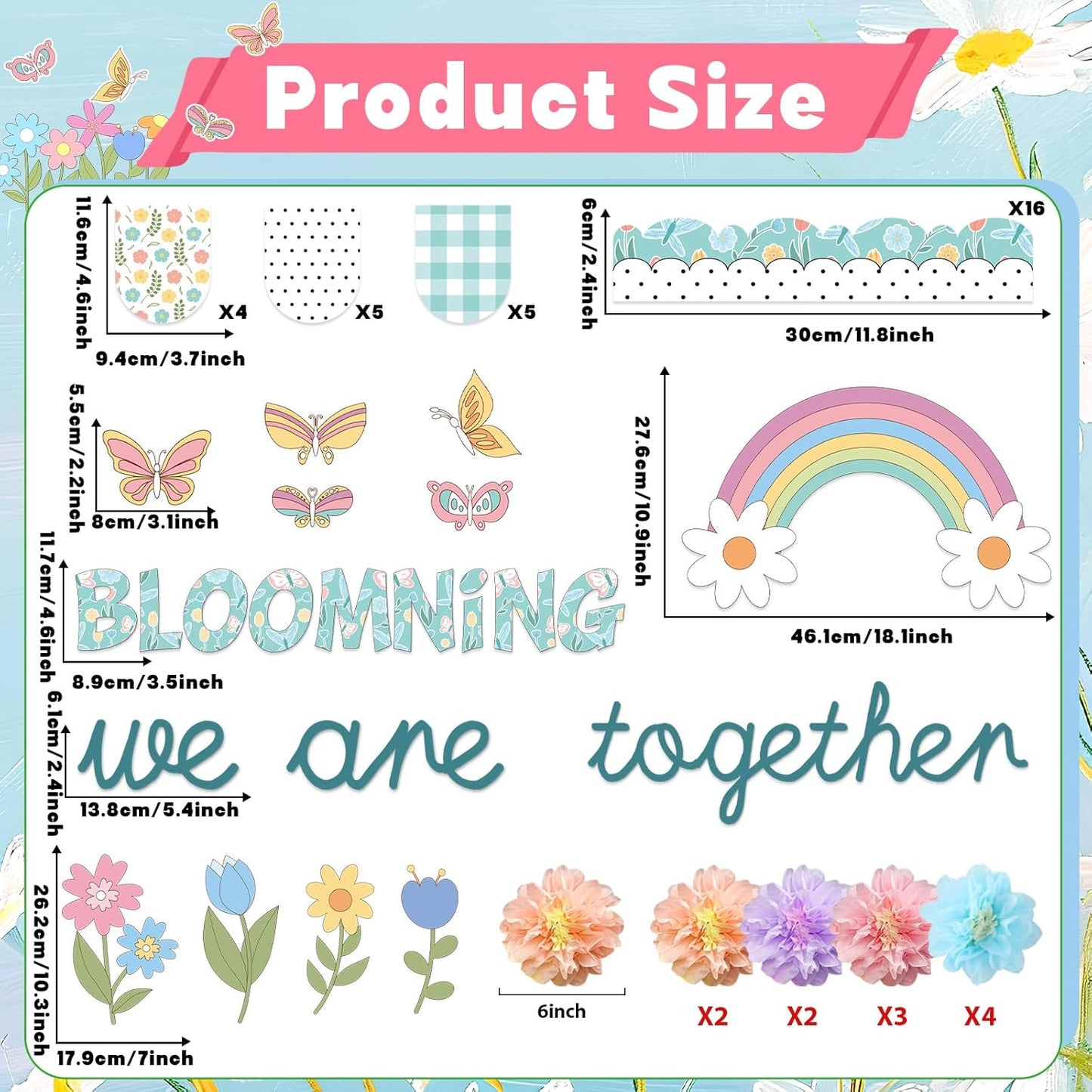 Regine Switzerland Flower Bulletin Board Set - 3D Tissue Paper Pompoms & Butterfly Cutouts for Classroom Decor