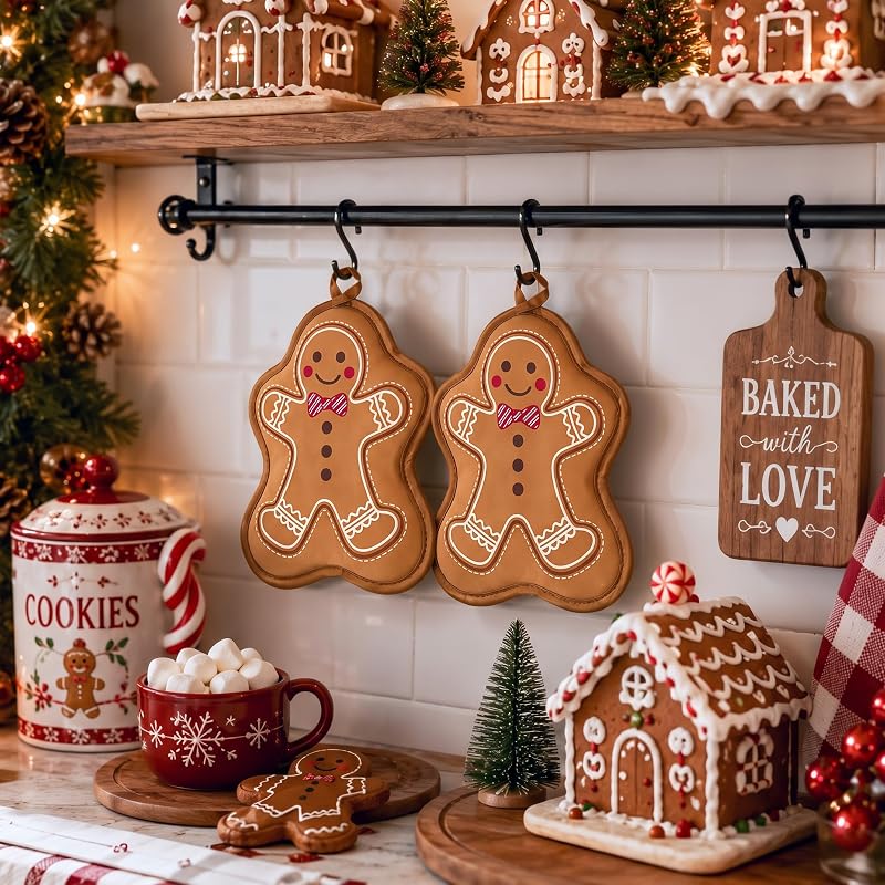 Willbond 12 Pcs Gingerbread Man Christmas Pot Holders, Red & Brown