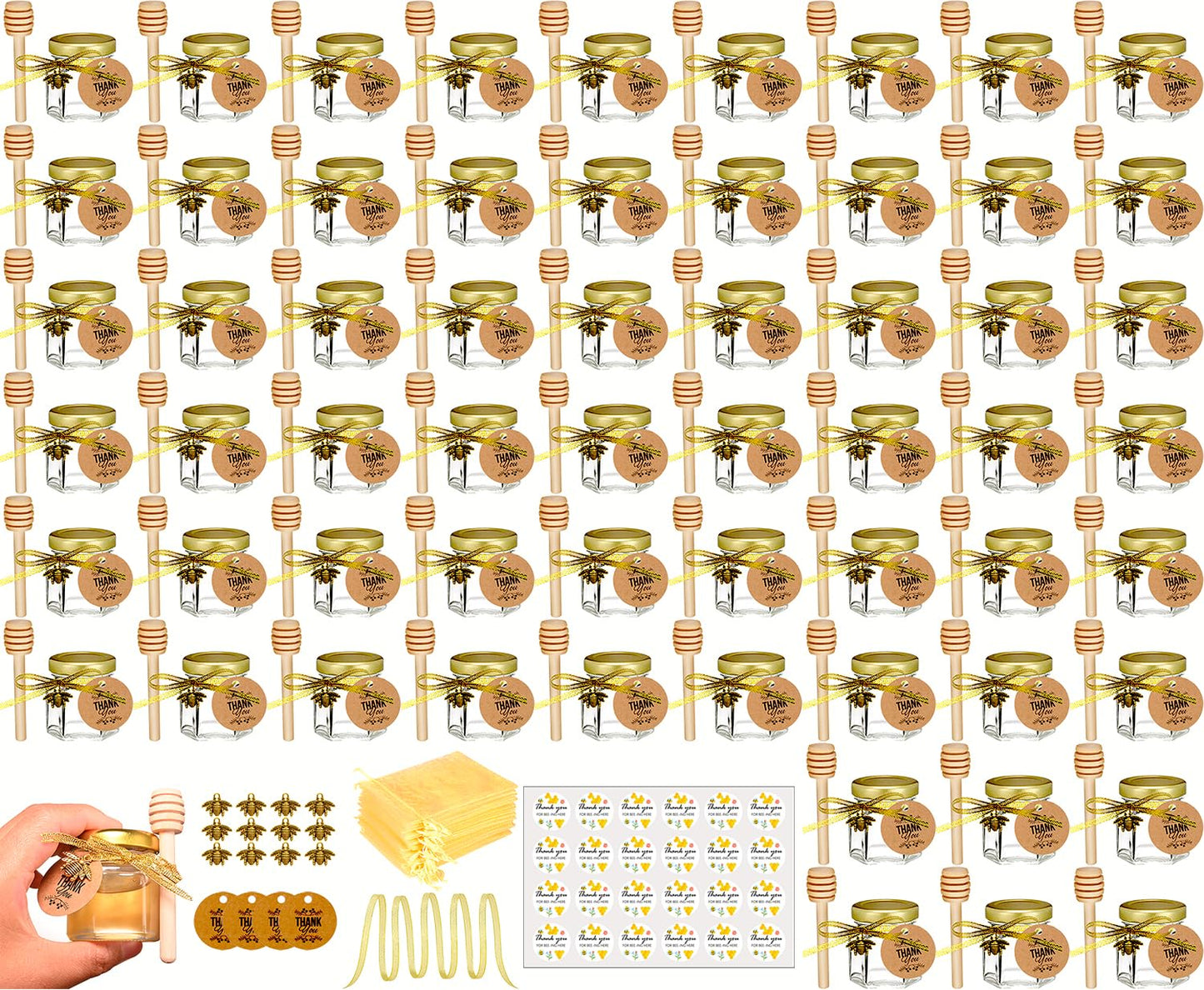 Small Honey Jar, Mini Honey Jars with Dipper, Glass Honey Pot Baby Shower Favors, Party Favors & Wedding Favors, Hexagon Honey Container w/ Lid, Bee Charms, Fabric Ribbons and Bags, 60 Pack 1.5oz