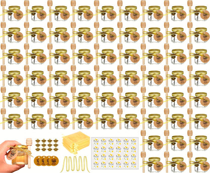 Small Honey Jar, Mini Honey Jars with Dipper, Glass Honey Pot Baby Shower Favors, Party Favors & Wedding Favors, Hexagon Honey Container w/ Lid, Bee Charms, Fabric Ribbons and Bags, 60 Pack 1.5oz