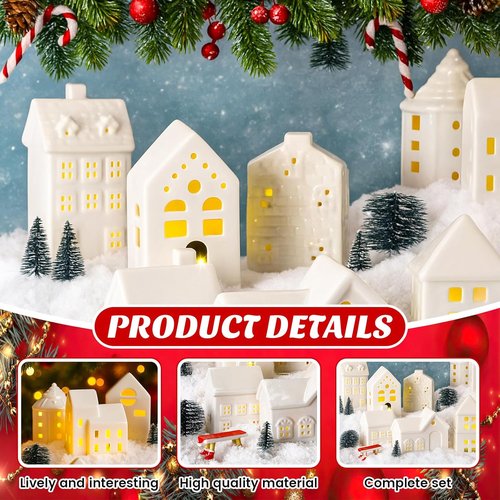 Barydat 40 Pcs Ceramic Christmas Village Set - 10 LED White Houses & Xmas Trees | Holiday Decor