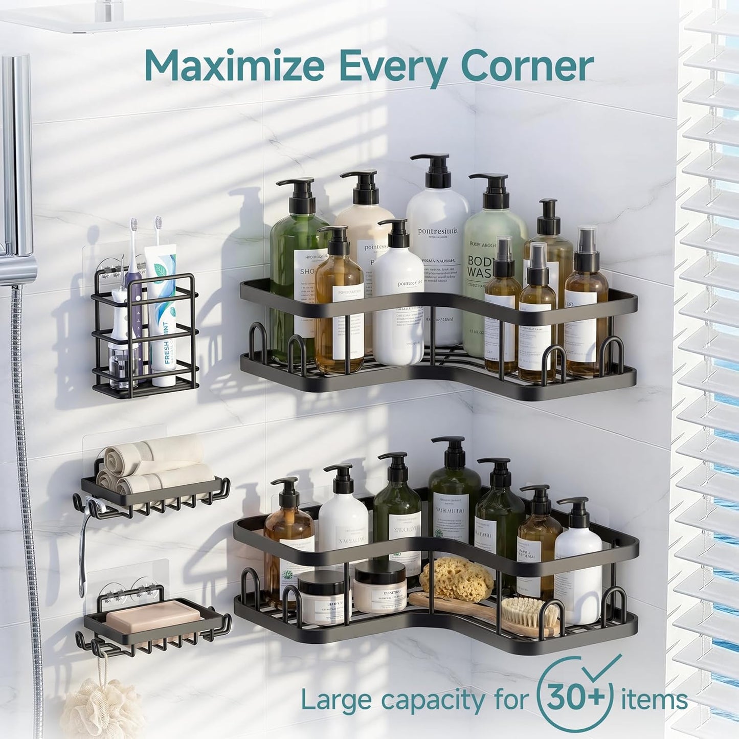 Veken Corner Shower Caddy - Rustproof Adhesive Shelves with Soap Holder | 5-Pack Large Capacity, Black