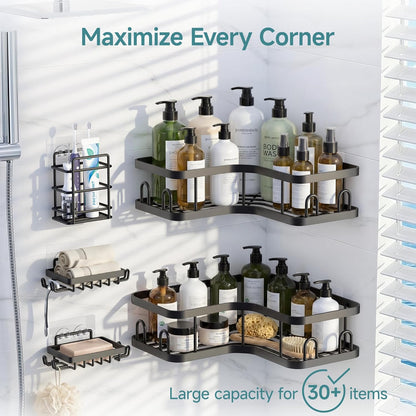 Veken Corner Shower Caddy - Rustproof Adhesive Shelves with Soap Holder | 5-Pack Large Capacity, Black