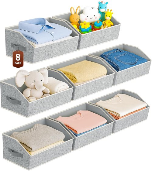 Homsorout Large Closet Organizers - 8 Pack Foldable Fabric Baskets with Handles | Light Grey Storage Solution
