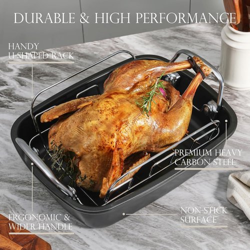 KITESSENSU Nonstick Turkey Roasting Pan - Heavy-Duty 17 x 14 Inch Chicken Roaster with Rack - Gold Finish