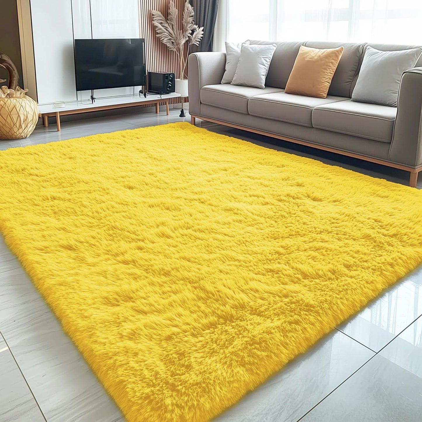 OLANLY Large 5x7 Machine Washable Area Rug - Soft Fluffy Shaggy Carpet for Living Room & Bedroom | Yellow