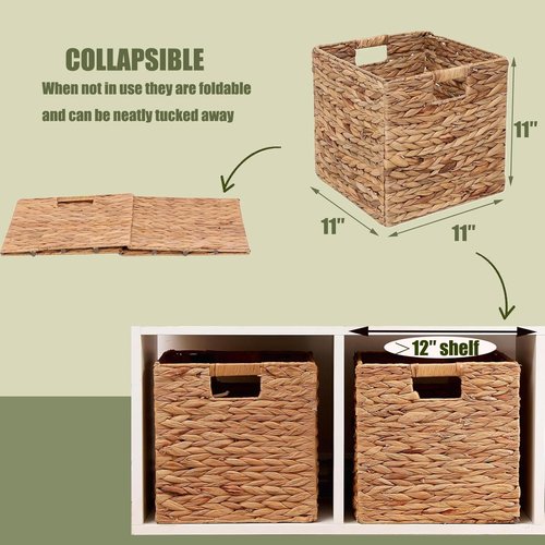 Handwoven Water Hyacinth Storage Baskets - 4 Pcs Foldable Cube Shelf Organizers | 11x11in