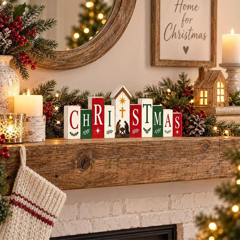 Nativity Bible Scene Tabletop Sign - Freestanding Rustic Christmas Decor, 11.8 x 4.7 in - Variation: Christmas
