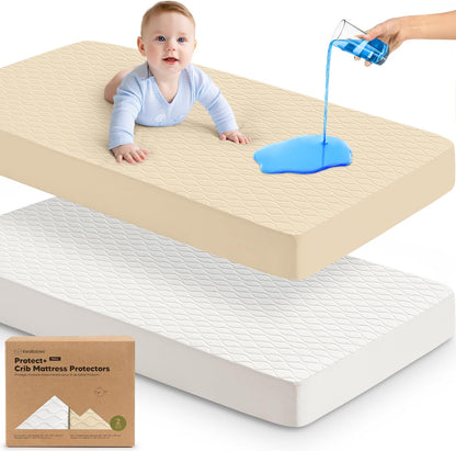 Skiennix Waterproof Crib Mattress Protector - Soft Quilted Cotton Pad, 52" x 28", Machine Washable | 2-Pack (Khaki/Mavy)