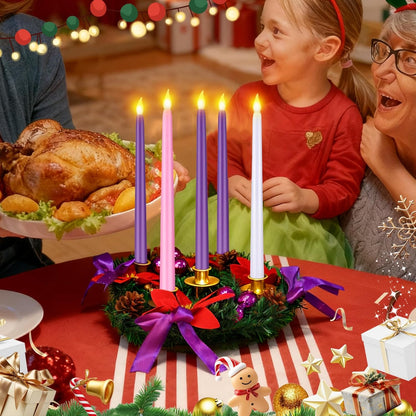 Skiennix 11-Inch Christmas Advent Wreath - 5 Flameless Taper Candles with Pine Cones & Poinsettias